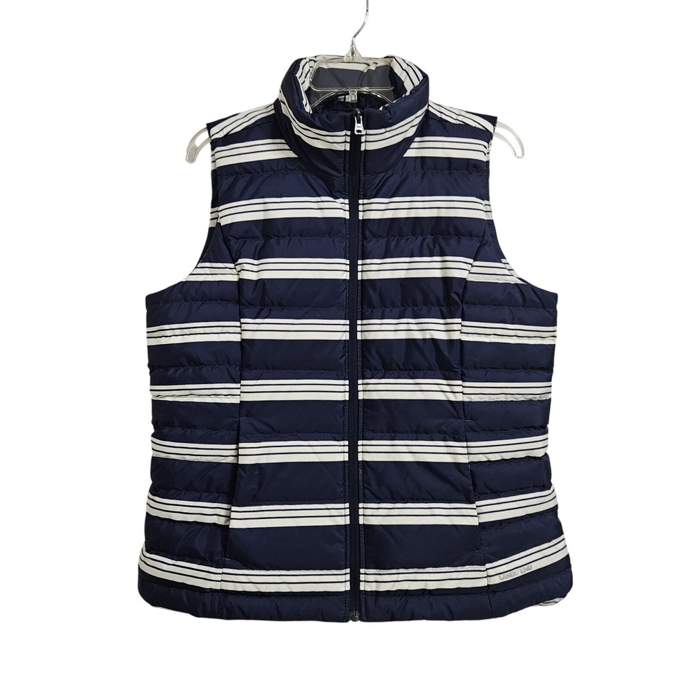 Lands‎ End Puffer Vest Womens M Navy Blue White Striped Down Filled Quilted Zip